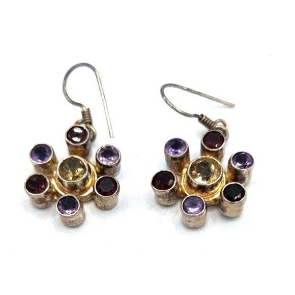 Amethyst Garnet Earrings Blue Topaz Silver Tone Dangle Earrings - Picture 2 of 3